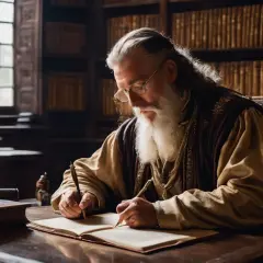 Starzec w bibliotece, pisząc piórem, opowiada historię, jak powstał Stary Testament.
