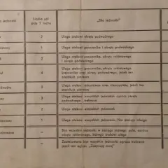 Tabela z zasadami manewry morskie gra planszowa: nazwy jednostek, pola ruchu, siła ataku i liczba jednostek.