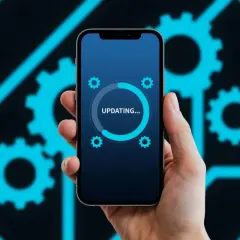 Dłoń trzyma smartfon z ekranem pokazującym proces aktualizacji. Ikony kół zębatych i pasek postępu sugerują, że szukasz informacji, jak cofnąć aktualizacje Messenger.
