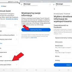 Jak przywrócić Messenger w telefonie? Zrzut ekranu pokazuje proces eksportu danych z Facebooka, w tym wiadomości.
