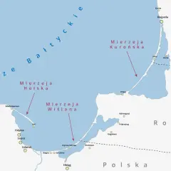 Mapa pokazuje jak powstaje mierzeja Wiślana i Helska. Widoczne są miasta: Gdańsk, Gdynia, Sopot, Hel, Kłajpeda, Kaliningrad.
