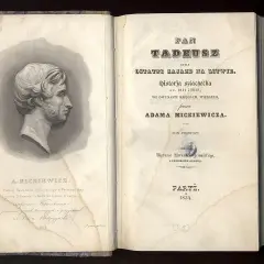 Portret Adama Mickiewicza i karta tytułowa "Pana Tadeusza", dzieła, które powstało w 1834 roku.