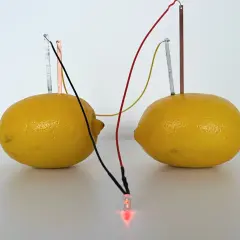 Dwa cytryny z elektrodami i przewodami, tworzące prąd z ziemniaka, zasila świecącą czerwoną diodę LED.