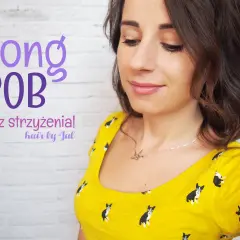 Kobieta z brązowymi włosami, jak samemu obciąć włosy na long boba. Napis "long BOB bez strzyżenia!".
