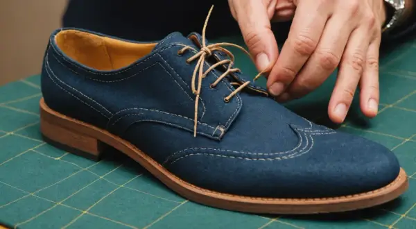 Ręce sznurują eleganckie, granatowe buty na zielonej macie. Proces jak zszyć buty krok po kroku.