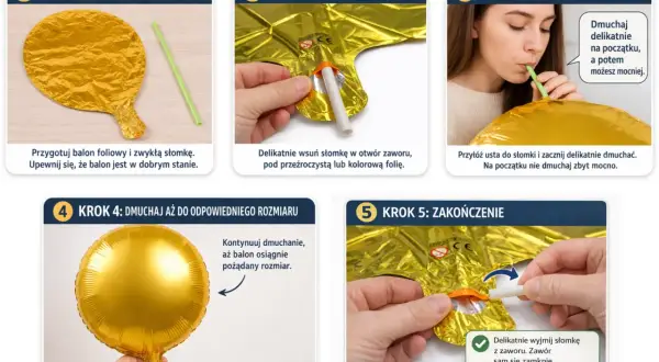 Instrukcja jak założyć balona na patyk: przygotuj balon i słomkę, włóż słomkę do zaworu, dmuchaj delikatnie, aż balon osiągnie pożądany rozmiar, wyjmij słomkę.