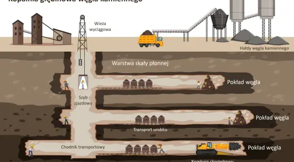Ilustracja pokazuje, jak powstaje węgiel kamienny: od wydobycia w kopalni głębinowej, przez transport, aż po hałdy.