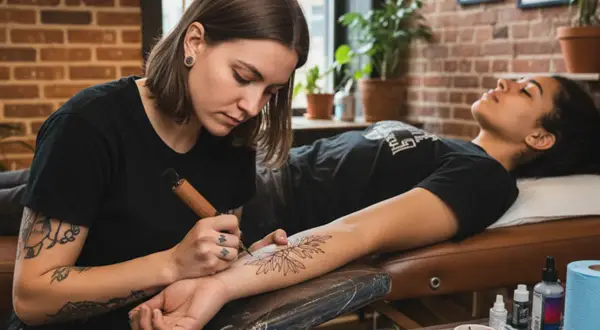 Artystka robi tatuaż na ramieniu klientki. Choć wygląda to na profesjonalny salon, wiele osób zastanawia się, jak zrobić tatuaż w domu.