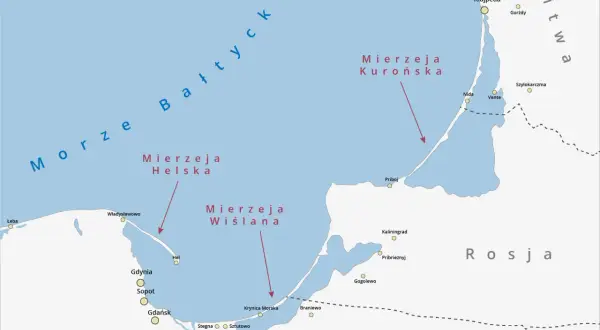 Mapa pokazuje jak powstaje mierzeja Wiślana i Helska. Widoczne są miasta: Gdańsk, Gdynia, Sopot, Hel, Kłajpeda, Kaliningrad.