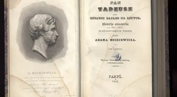 Portret Adama Mickiewicza i karta tytułowa "Pana Tadeusza", dzieła, które powstało w 1834 roku.
