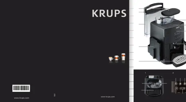 Ilustracja przedstawia ekspres do kawy Krups z zaznaczonymi elementami, pomocna przy korzystaniu z instrukcji obsługi.