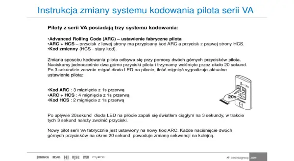 Instrukcja zmiany systemu kodowania pilota serii VA. Opisuje kodowanie ARC i HCS, jak w instrukcji beretta super exclusive manual.