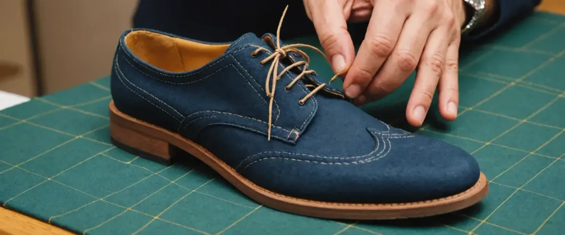 Ręce sznurują eleganckie, granatowe buty na zielonej macie. Proces jak zszyć buty krok po kroku.