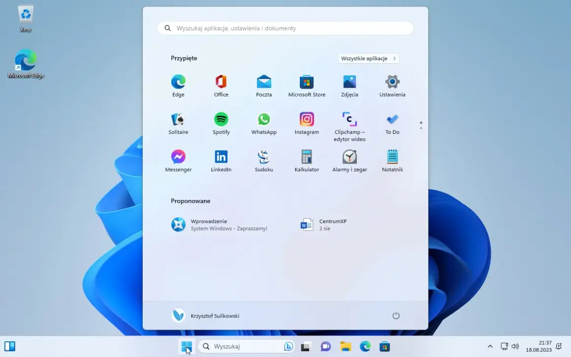 Menu Start Windows 11 z ikoną Messengera. Tu znajdziesz instrukcję, jak ustawić Messengera w telefonie.