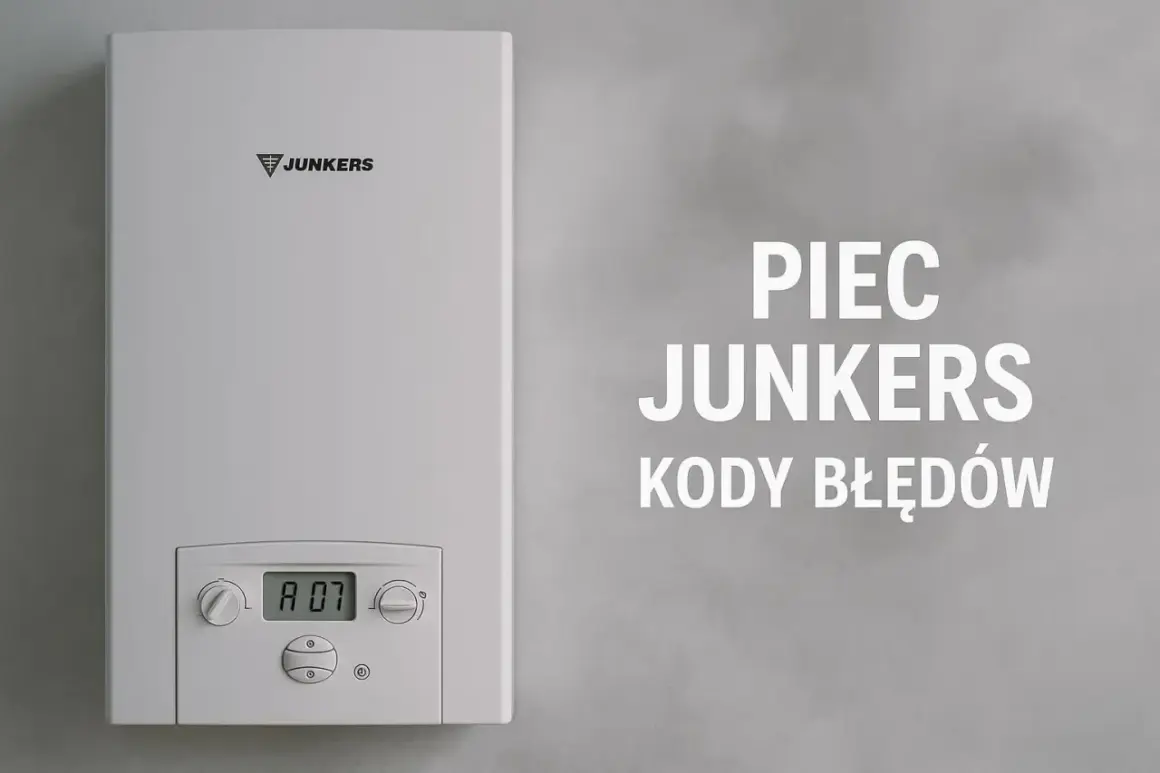 Biały piec Junkers Euroline z wyświetlaczem "A 07". Tekst "PIEC JUNKERS KODY BŁĘDÓW" sugeruje instrukcję obsługi.
