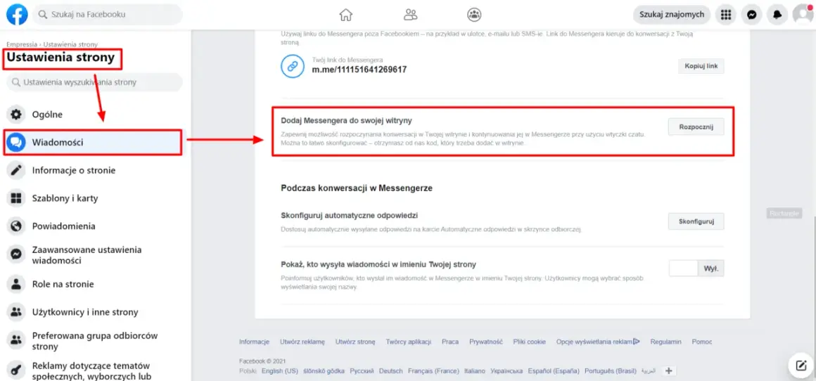 Kliknij "Wiadomości", aby dowiedzieć się, jak wejść w ustawienia Messengera i dodać go do swojej witryny.