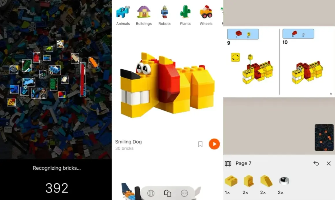Aplikacja pomaga jak zrobić domek z lego, rozpoznając klocki i pokazując instrukcje budowy.