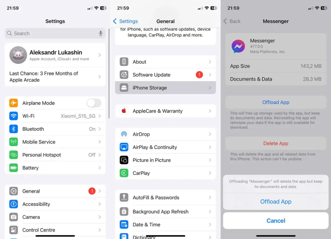 Jak odświeżyć Messengera? Wybierz "Offload App" w ustawieniach iPhone'a, aby zwolnić miejsce, zachowując dane aplikacji.