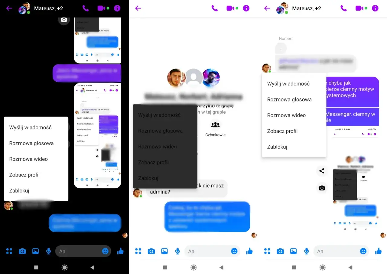 Menu Messengera: Wyślij wiadomość, Rozmowa głosowa, Rozmowa wideo, Zobacz profil, Zablokuj. Jak zrobic aktualizacje Messenger?