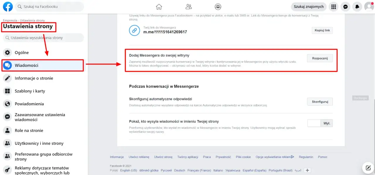 Ustawienia strony Facebook, sekcja Wiadomości. Kliknij 