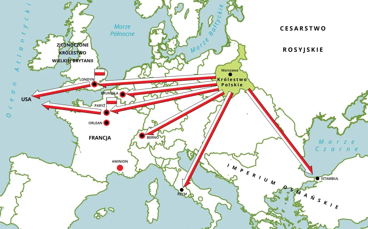 Mapa Europy z zaznaczonym Królestwem Polskim, skąd strzałki wskazują kierunki podróży do Londynu, Paryża, Rzymu i innych miast. Tu gdzie został napisany Pan Tadeusz, zaczynały się podróże.