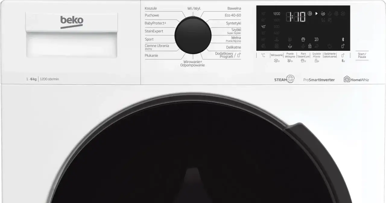 Panel sterowania pralki Beko z programami prania, wyświetlaczem cyfrowym i przyciskami. Instrukcja obsługi pralki Beko jest tu widoczna.