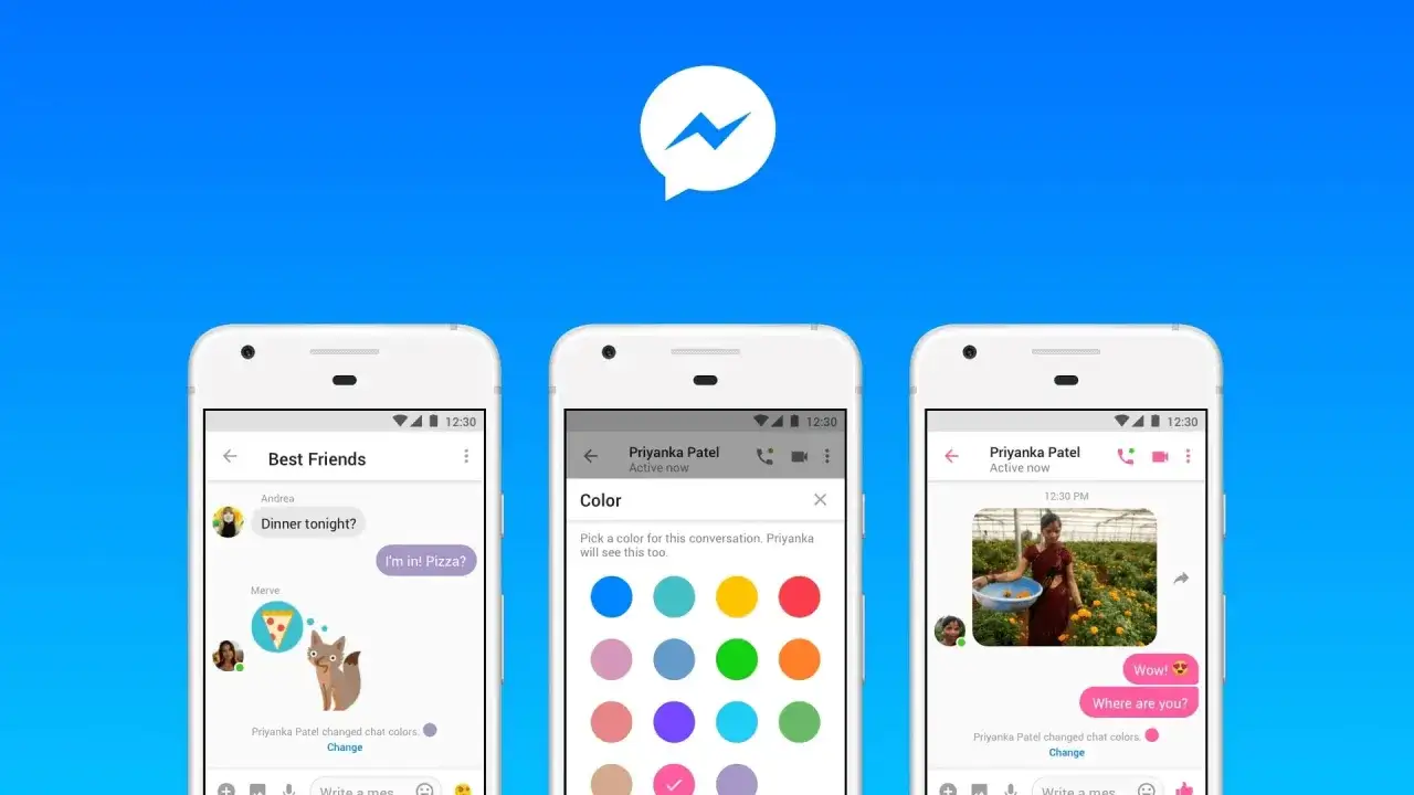 Jak wejść w ustawienia Messengera? Ekran pokazuje trzy telefony z aplikacją Messenger.