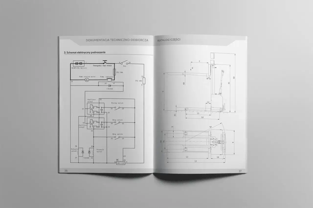 Schemat elektryczny podnośnika z opisem, jak zrobić instrukcje. Widoczne elementy: akumulator, wyłącznik awaryjny, silnik pompy, przekaźniki, zawory.