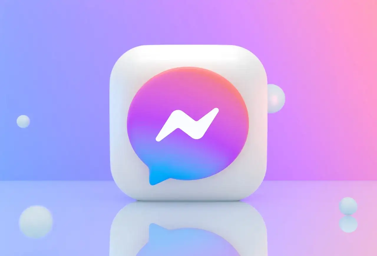Ikona Messengera z gradientem fioletowo-niebieskim. Dowiedz się, jak zrobic aktualizacje Messenger, aby cieszyć się nowymi funkcjami.