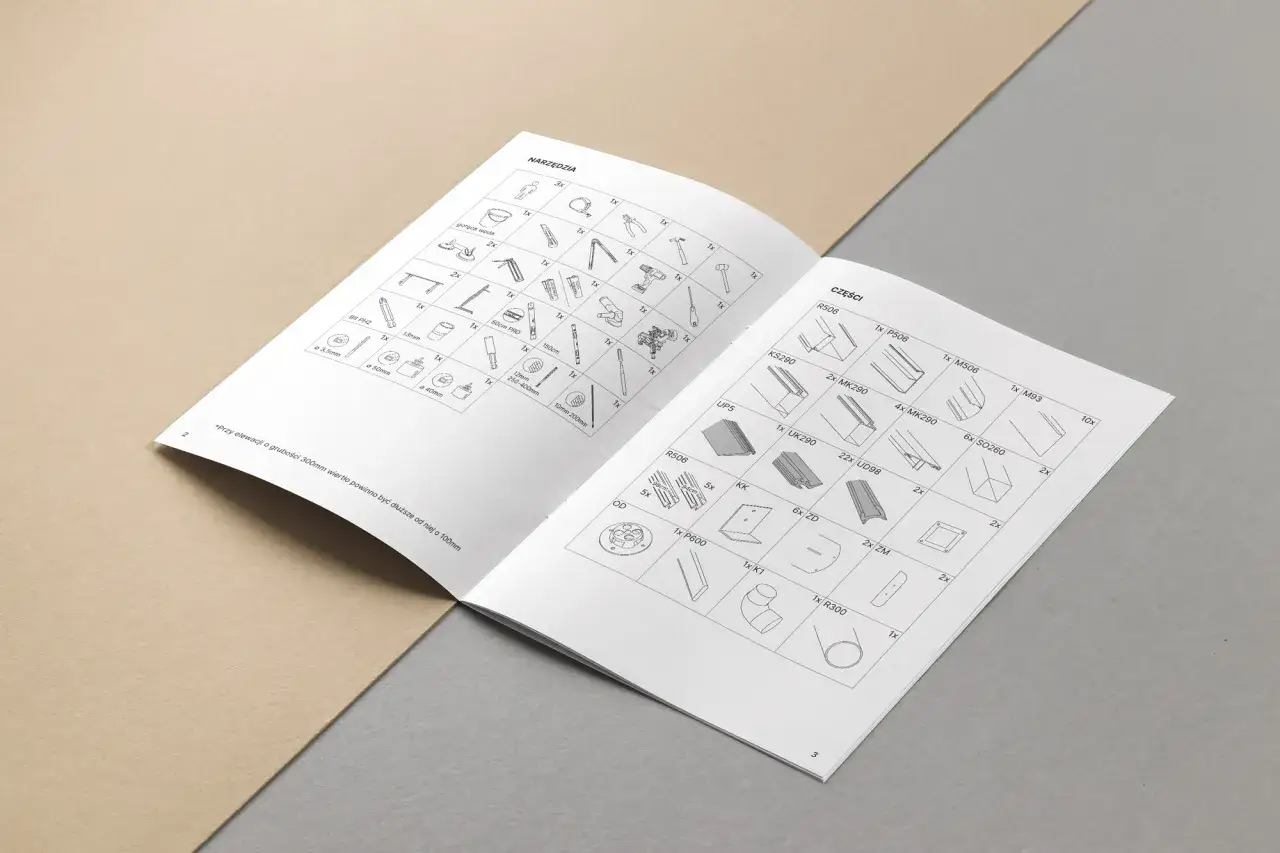 Otwarta instrukcja pokazuje narzędzia i części potrzebne do montażu. Jak zrobić instrukcje krok po kroku, z ilustracjami.